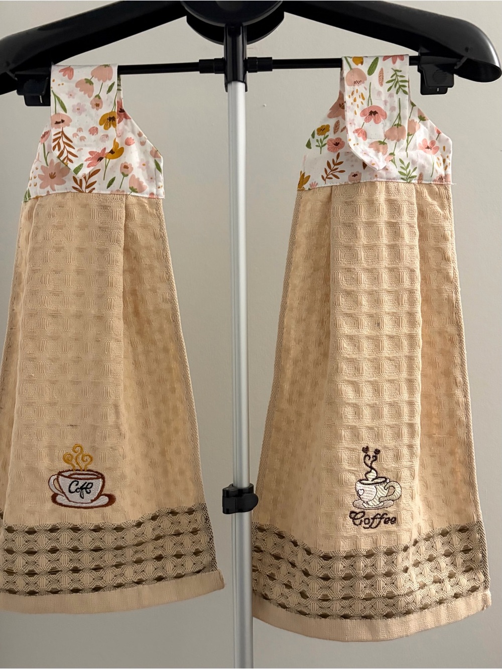 New set- 2 Beige Waffle Weave Coffee Hand Towels with Floral Tops for oven door